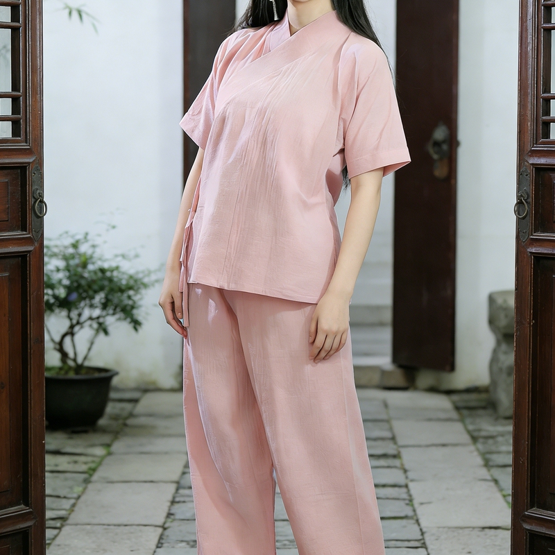 Pure Cotton Colorful Mid-Length Short-Sleeved Set with a Cross-Collar and Right-Side Placket, Suitable as Inner Wear, Pajamas, Daily Wear, Meditation Wear, Unisex Outerwear, and Hanfu