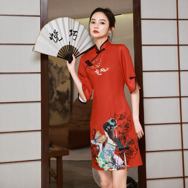 Red improved cheongsam spring and summer 2022 new national tide fried street girl foreign decoration body is thin Chinese style