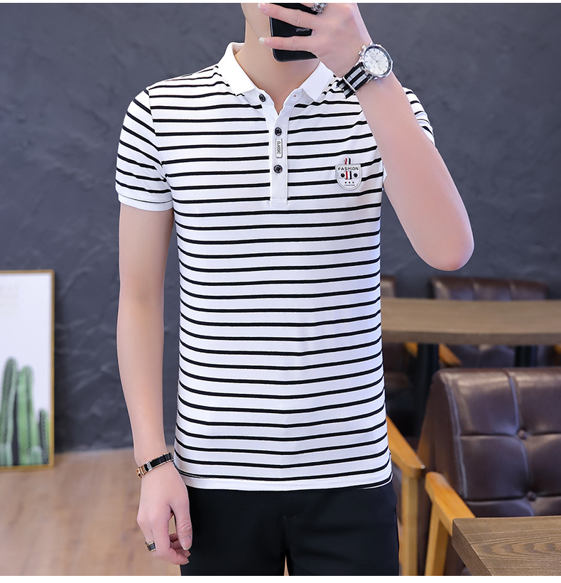 Áo thun nam tay ngắn mùa hè Áo thun nam sọc vừa vặn với xu hướng Cotton Một nửa tay áo trẻ trung - Áo phông dài áo polo nam