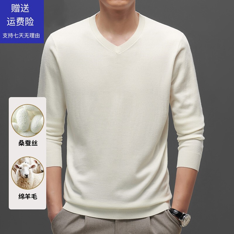 New Spring Style for Young and Middle-Aged Men: Pure White Wool V-Neck Pullover Thin Sweater Made of Mulberry Silk Knitwear New Spring Style for Young and Middle-Aged Men: Pure White Wool V-Neck Pullover Thin Sweater Made of Mulberry Silk Knitwear