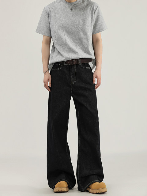 A Carton Retro Straight-Leg Original Color Denim Black Topstitch Jeans Unisex Loose Casual Long Pants Trendy