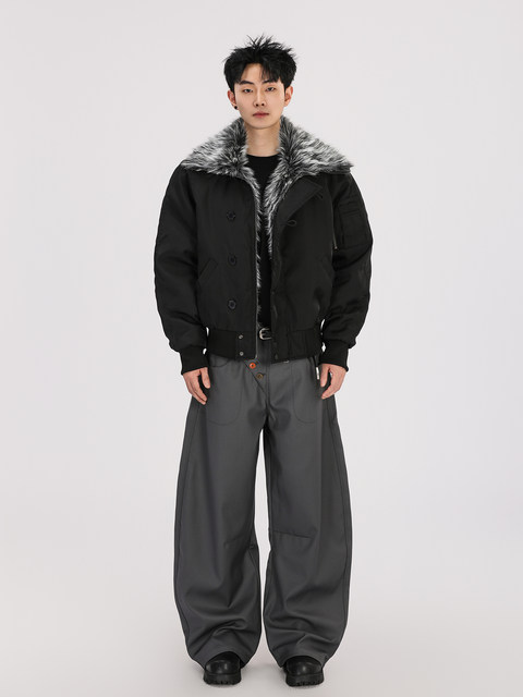 A Carton American-Style Fur Collar Jacket, Mountain Carving Cotton Coat, Unisex Winter Design, Thickened Jacket, Casual Cotton Clothing