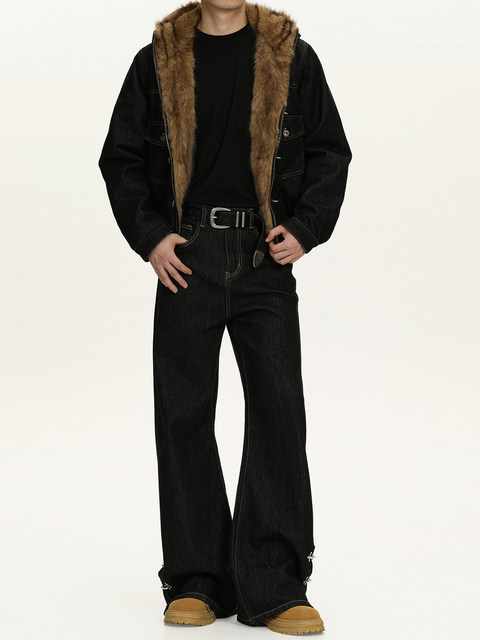 A Carton American Retro Black Straight-Leg Jeans for Men and Women with Airplane Buckle Design, Loose Fit, Raw Denim Long Pants, Trendy