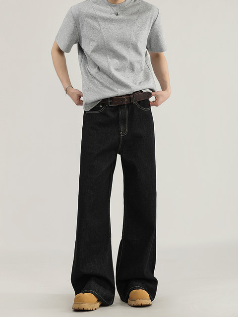 A Carton Retro Straight-Leg Original Color Denim Black Topstitch Jeans Unisex Loose Casual Long Pants Trendy