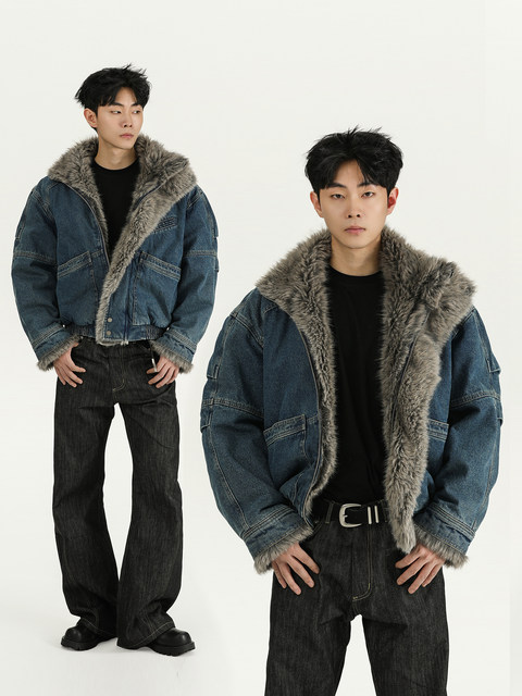 Acarton Retro Washed Design Denim Cotton Jacket for Men and Women, Winter Warm Short Style with Fur Collar