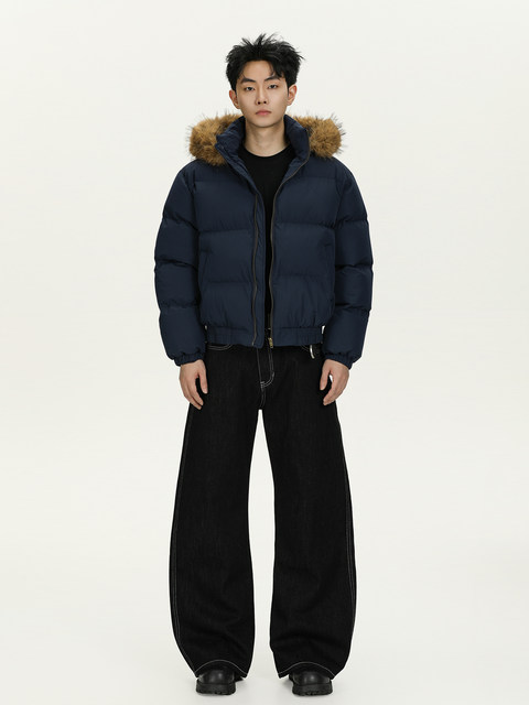 A Carton Winter American-Style Parka Hooded Fur Collar Cotton Jacket for Men and Women, Loose Casual Thick Warm Puffer Jacket