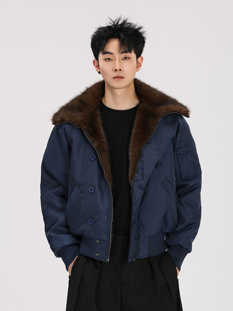 A Carton American-Style Fur Collar Jacket, Mountain Carving Cotton Coat, Unisex Winter Design, Thickened Jacket, Casual Cotton Clothing