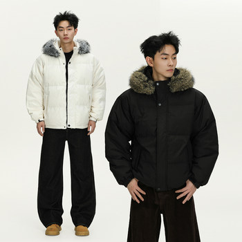 A Carton American-Style Fur Collar Parka down Jacket for Men and Women, Winter Thickened Warm Couple's Coat, Cotton-Padded Jacket, Trendy