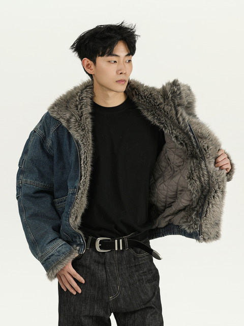 Acarton Retro Washed Design Denim Cotton Jacket for Men and Women, Winter Warm Short Style with Fur Collar