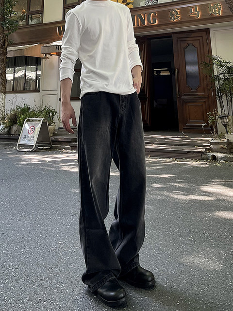 A Carton American-Style Washed Black and Gray Distressed Slim-Fit Versatile Straight-Leg Loose Wide-Leg Jeans Casual Long Pants Trendy