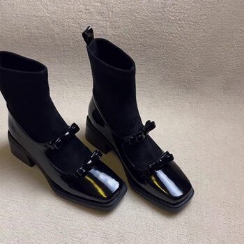 2025 Autumn and Winter Square-Toe Retro Bow Elastic Slim Boots Patchwork Mary Jane Sock Boots Slimming Chunky Heel Short Boots for Women