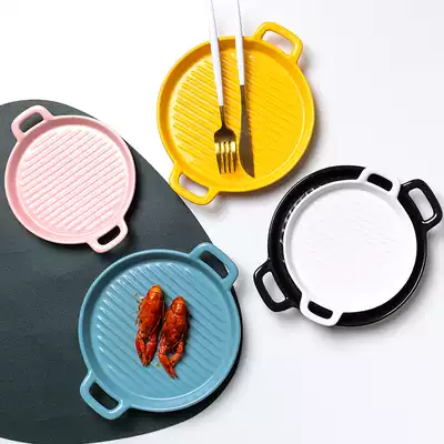 Creative INS Japanese round household ceramic binaural baketry baking steak plate microwave oven oven