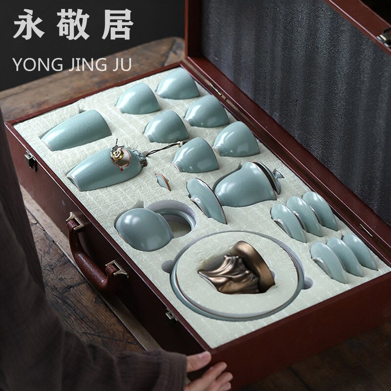 Yongjingju Tianqing Ru kiln Kung Fu tea set teacup teapot open piece household ceramic office high-end gift box set