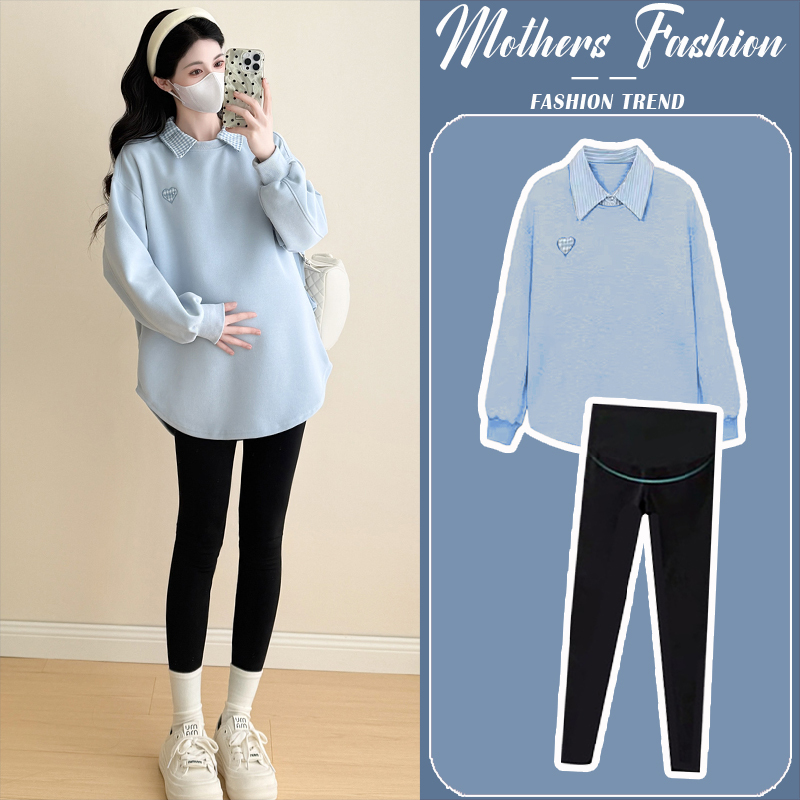 Maternity Light Blue Suit Spring and Autumn 2026 New Style Pregnancy Outfit Korean Fashion Trendy Mom Long-Sleeve Sweatshirt Two-Piece Set