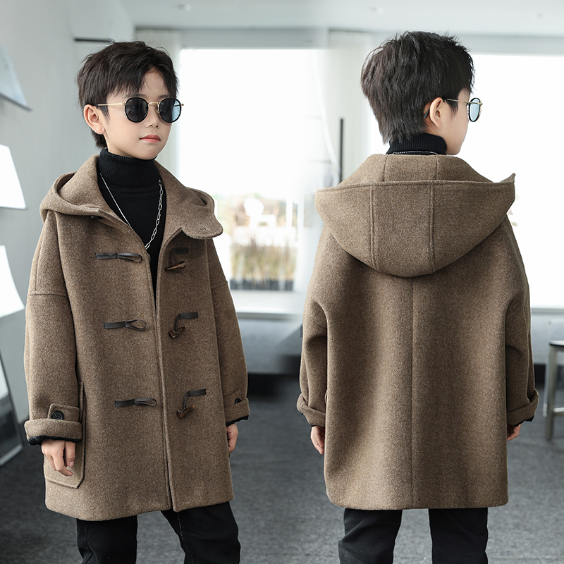 Boy's big coat 2023 autumn winter new children buffalo horn buckle What to do with the long section loose even cap in the jacket-Taobao