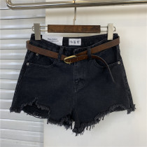 KALANXIU card blue show 383 wool side denim shorts female summer Korean version with high waist display slim and wide leg hot pants