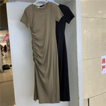 CXJ12130 Summer sashimi Pleated Lace Black Side Open Fork Medium Long dress Dress Woman Short Sleeve T-shirt Long Skirt