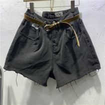 A US Smoke Grey Denim Shorts Woman Summer Loose Thin with ultra high waist display slim a pair of trousers Chauletide insG210