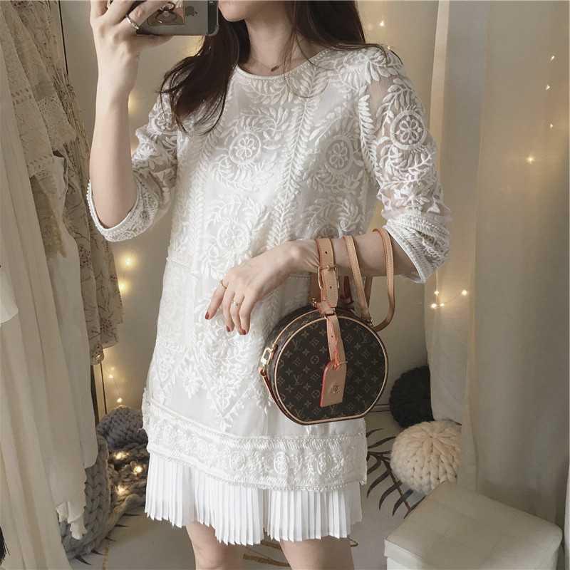 Korean cotton sexy pure white dress socialite straight tube lace pleated skirt Elegant round neck high waist lady