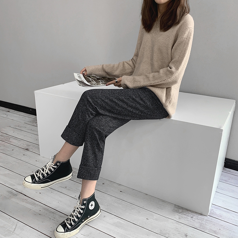 Korean spring and autumn nine points women's suit wool straight pants checkered straight casual pants commuter simple material high waist thin