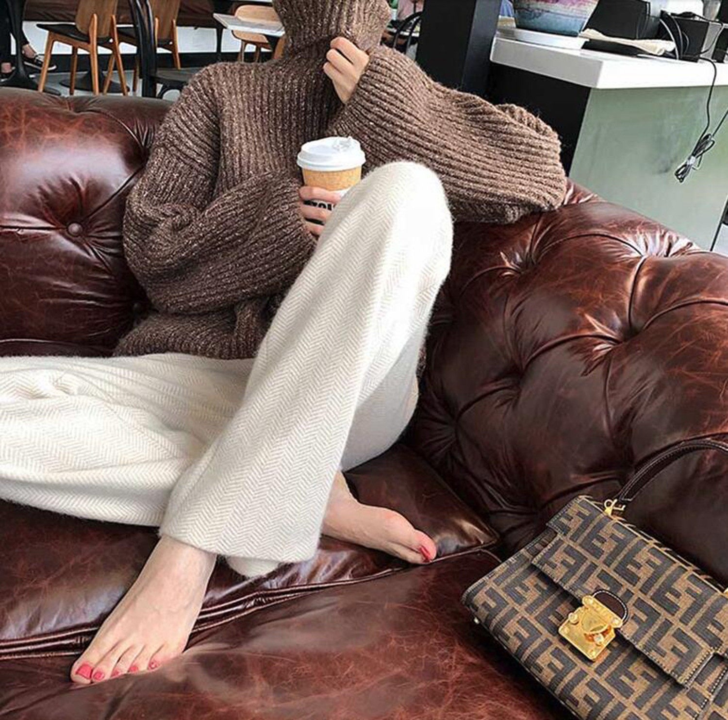 Korean wide-leg pants herringbone wool pants loose drape autumn and winter straight thickened women's wool cashmere trousers