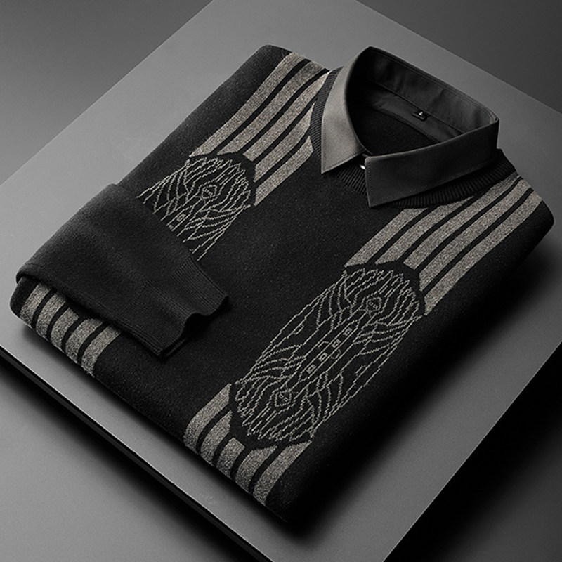Fall Shirt Collar Sweater Male Fashion Designer Money Men Thai Customs Pattern Casual Fake Two-piece Jersey
