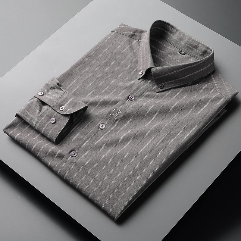 Autumn striped shirt Men's long-sleeved free ironing embroidery casual business inch shirt Korean version thin slim men's shirt