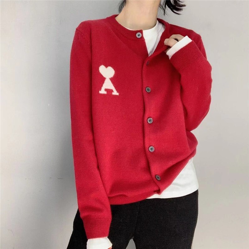 25 Celebrity-Inspired Red Cashmere Cardigans for Women, Short Knitwear, Solid Color Outerwear, Heart-Patterned Wool Sweater, Letter Sweater