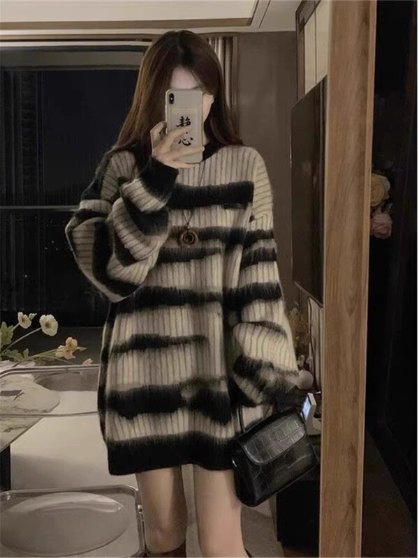 2023 Winter Korean Drama Style Sweater, Soft Mohair, Lazy Loose Striped Pullover, Thickened Outerwear for Women 2023 Winter Korean Drama Style Sweater, Soft Mohair, Lazy Loose Striped Pullover, Thickened Outerwear for Women