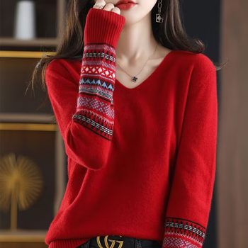 Zodiac year v-neck jacquard sweater women's ethnic style retro