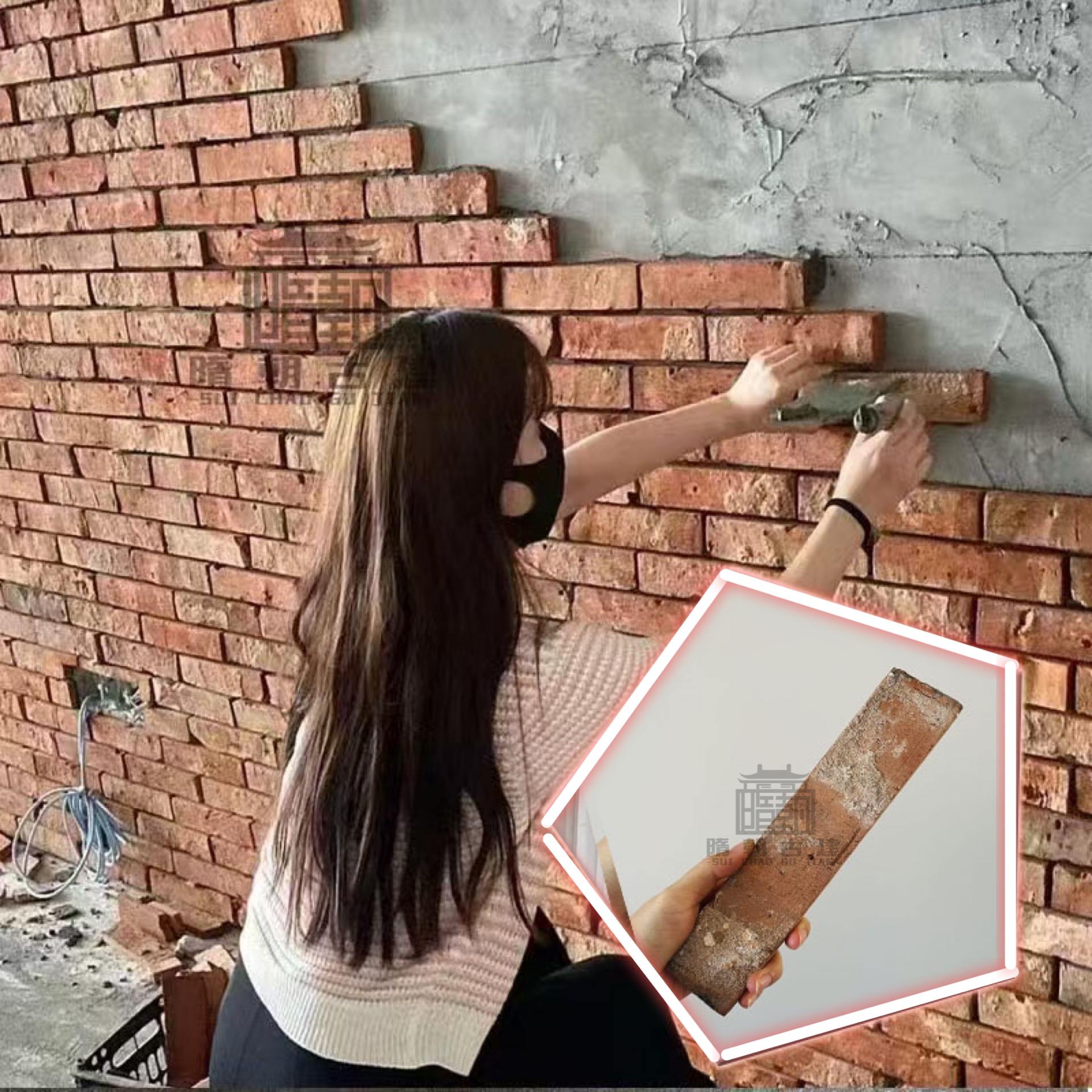 古い赤レンガの皮のスライス文化的なレンガインターネットの有名人の店レトロ懐かしい赤レンガの壁のタイル古いレンガの皮の芸術の背景の壁のタイル