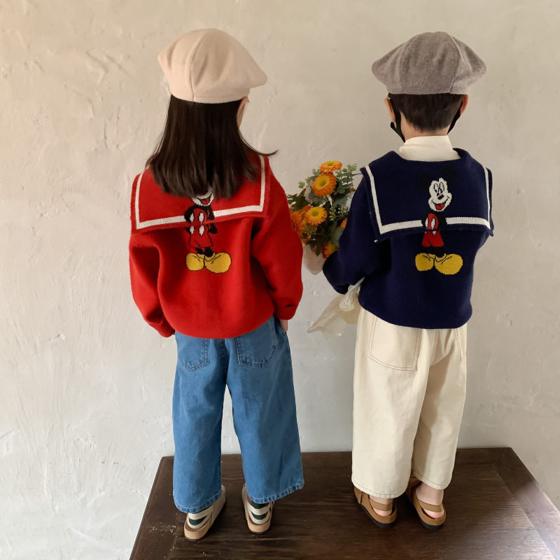 Male and female babies Autumn Navy Collar Cute Cartoon Knit Cardiovert Children Casual Foreign Pie Sweater Jacket