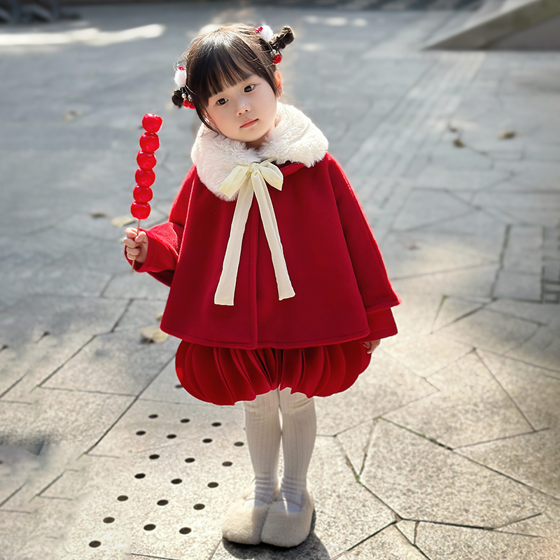 Little Honeysugar Child Clothing Girl Beiyen-fu Clothing Velvet Cape Female Baby Cloister Jacket A Year Old Dress Suit New Year Dress-Taobao