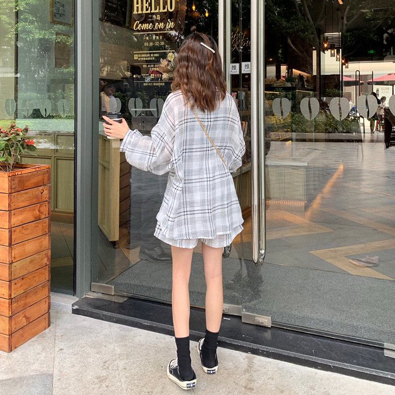 VK旗艦店 韓國風燈籠袖格紋襯衫套裝長袖褲裝