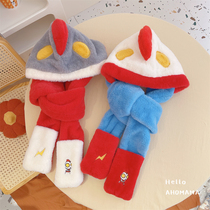 Ultraman Kids Hat Scarf One Fall Winter Cute Boy Warm Three-Piece Set Baby Girl Gloves Cartoon