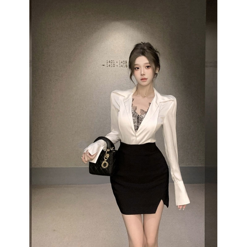 2024 New Summer Design Lace Splicing White V-Neck Long-Sleeved Shirt Waist Slimming Look Hip Skirt 2024 New Summer Design Lace Splicing White V-Neck Long-Sleeved Shirt Waist Slimming Look Hip Skirt