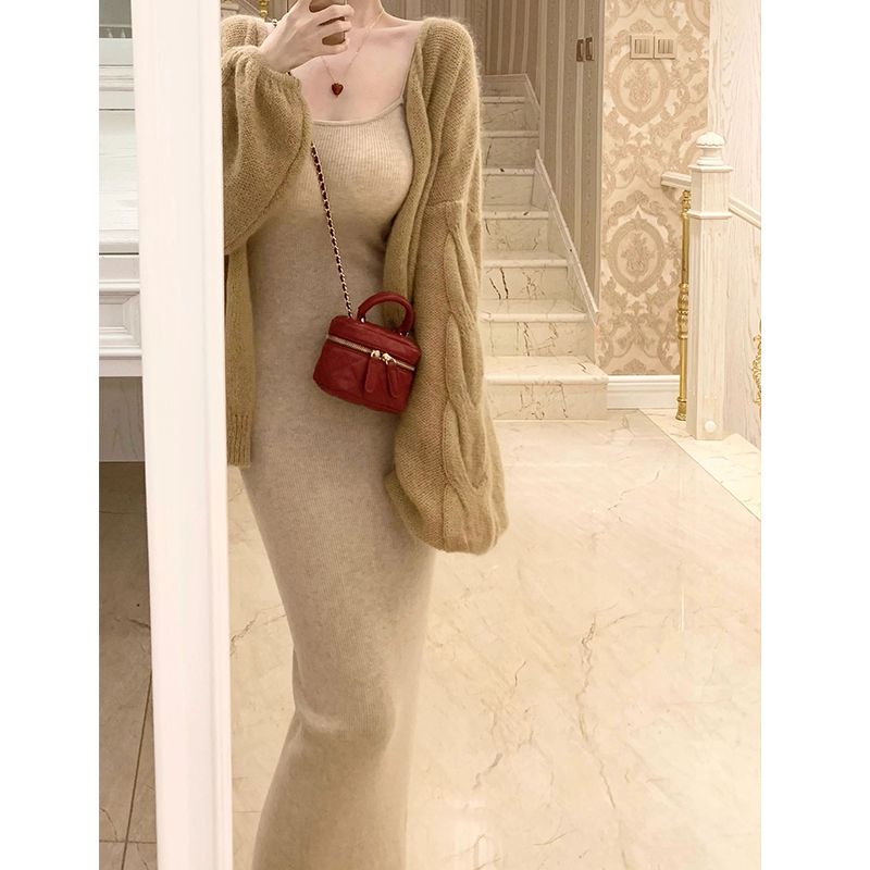 Summer Fashion Two-Piece Set with a French High-End Feel, Slim-Fit Waist-Cinching Knit Camisole Dress for Women, Loose Long-Sleeve Cardigan Summer Fashion Two-Piece Set with a French High-End Feel, Slim-Fit Waist-Cinching Knit Camisole Dress for Women, Loose Long-Sleeve Cardigan