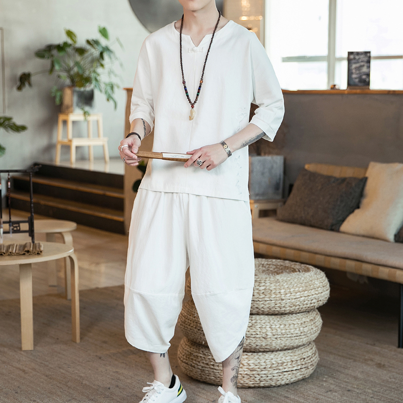 Mùa hè Trung Quốc gió nam giới phù hợp với vải bảy tay Tang ăn mặc trẻ lỏng phong cách thêu cổ Han quần áo hai mảnh bộ