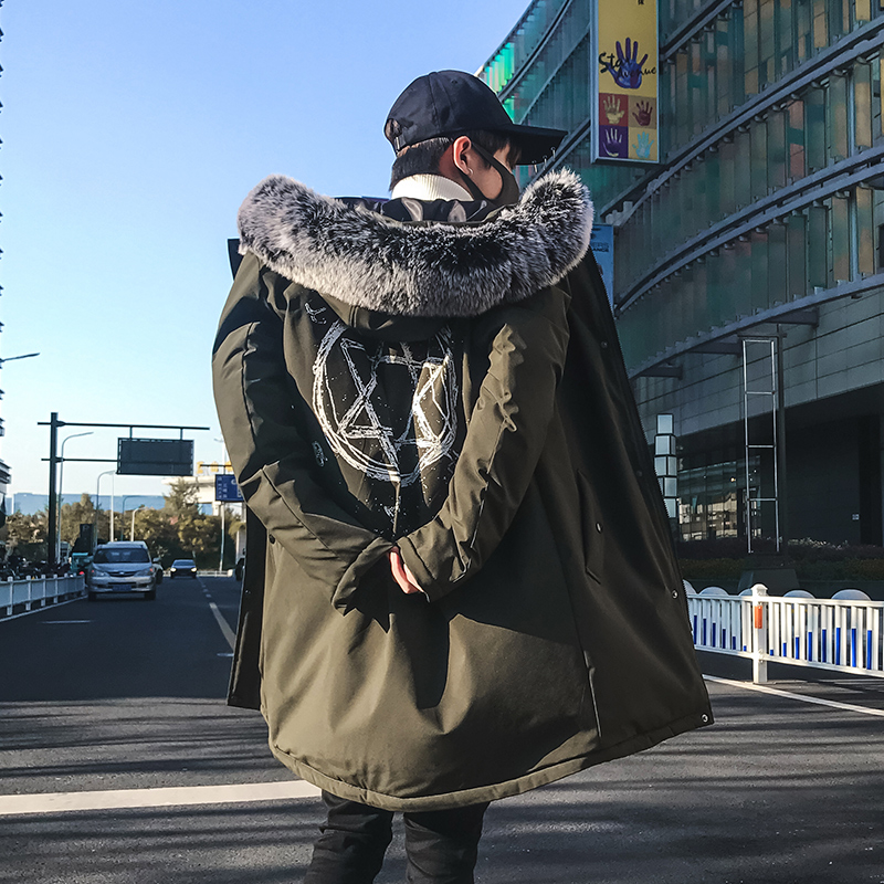 Mùa đông áo bông áo của nam giới dày vừa mái tóc dài ngang lớn cổ áo Hàn Quốc phiên bản của xu hướng quần áo bảo hộ lao bông bông giản dị len nam