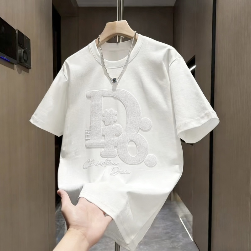Trendy European Fashion Solid Color T-Shirt Casual Heavy Embroidery Sequin Men's Short-Sleeve Simple Sweat-Absorbent Breathable Light Luxury T-Shirt