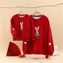 Parent-child clothing autumn and winter velvet thickened pullover childrens big red New Years style cartoon embroidered sweatshirt round neck childrens clothing