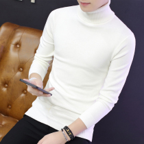 Turtleneck Sweater Mens Autumn and Winter Korean White Knitted Sweater Pure Color Plus Velvet Thick base shirt Tide Clothes