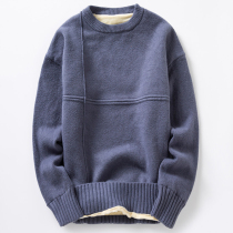 Winter plus velvet thick sweater mens round neck Korean trend youth sweater warm sweater solid color base shirt