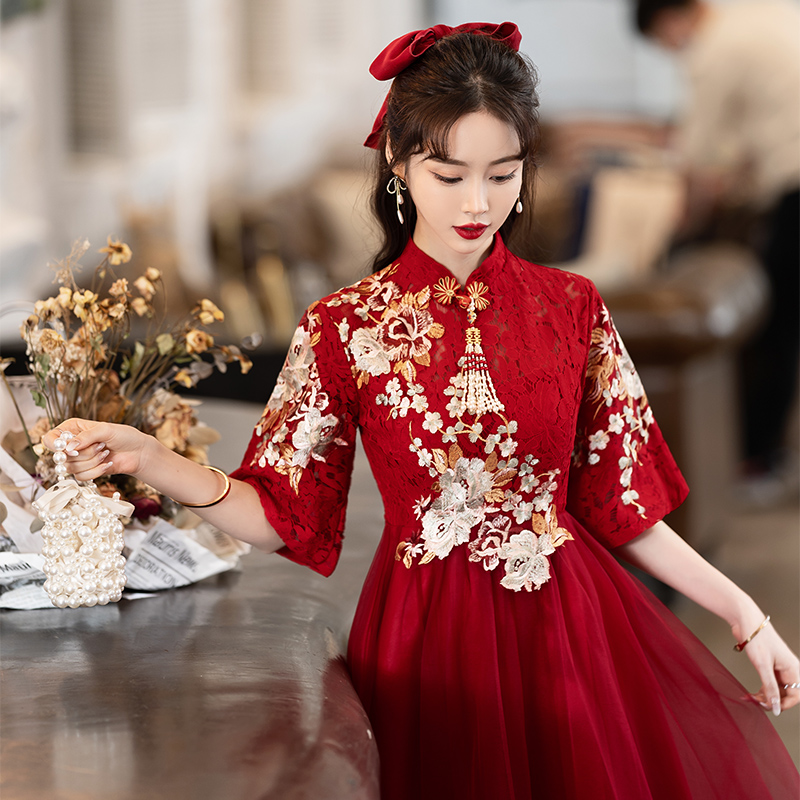 Lace evening dress for pregnant, wedding dress for bride, plus size, Chinese style, high waist, fitted Lace evening dress for pregnant, wedding dress for bride, plus size, Chinese style, high waist, fitted