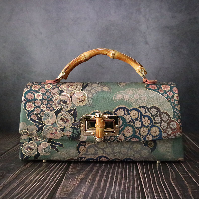 Green Rose Boston Handbag, Improved Version of Xiangyun Silk, Purely Handmade with Unique Bamboo Handle, Cheongsam Handbag
