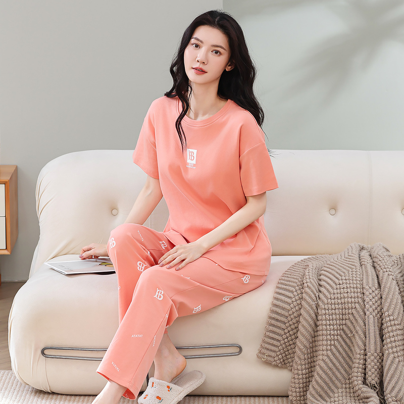 100% Pure Cotton Pajamas for Women, Summer Thin Short-Sleeved Long Pants, Can Be Worn Outside, Casual Korean Style Round Neck Loose Home Wear Set