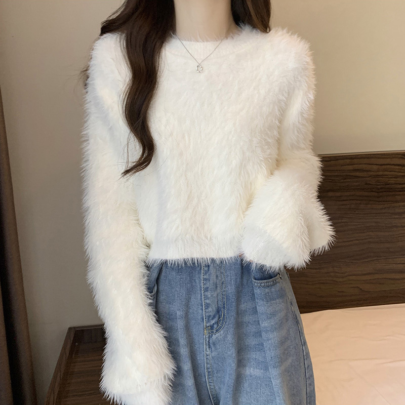 White Soft Mink Velvet Knit Base Shirt for Women, Autumn and Winter, High-End Short Style Inner Sweater, Mohair Top