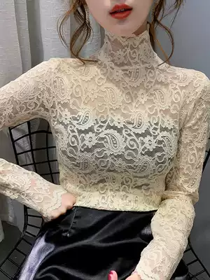 Fashion hollow white high collar mesh lace base shirt female spring summer slim sexy long sleeve top foreign pie