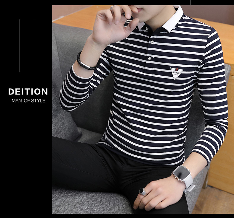 Mùa thu nam Áo thun dài tay Áo nhỏ sọc sọc áo sơ mi nam Slim Slim Xu hướng áo sơ mi cổ áo sơ mi nam mặc áo polo đẹp