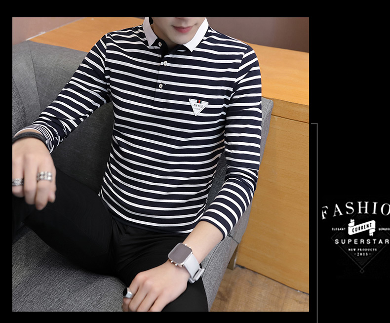 Mùa thu nam Áo thun dài tay Áo nhỏ sọc sọc áo sơ mi nam Slim Slim Xu hướng áo sơ mi cổ áo sơ mi nam mặc áo polo đẹp